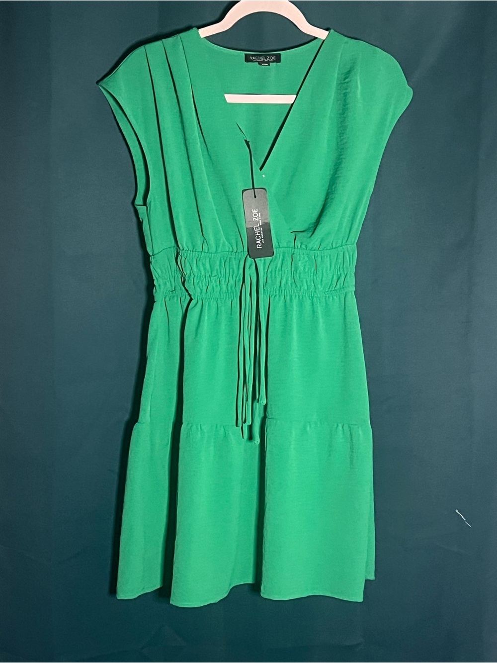 Rachel Zoe Emerald Green V-Neck Tiered Drawstring Dress
